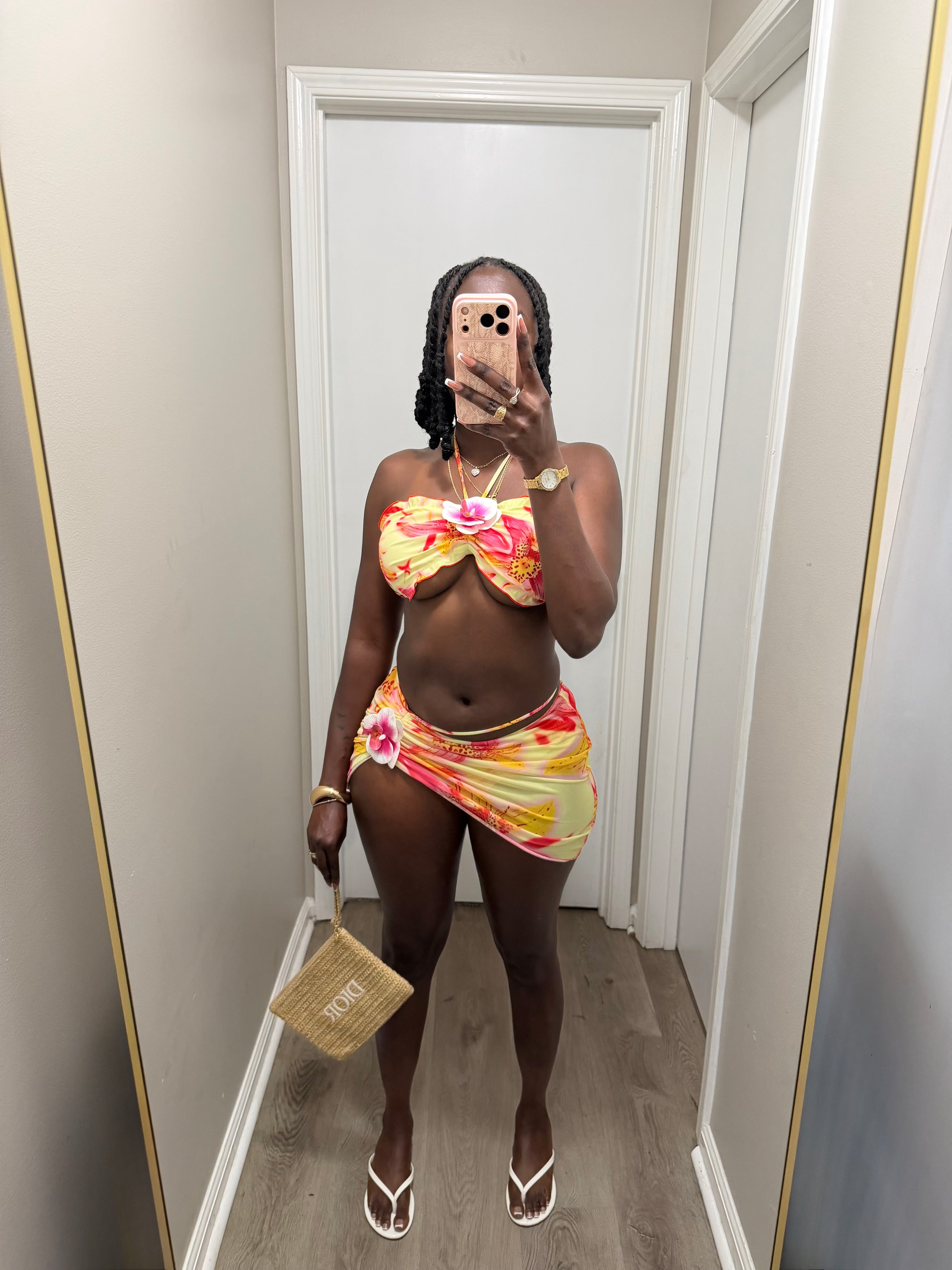 Sunset Bloom 3pc Bikini Set - Pink/Yellow combo