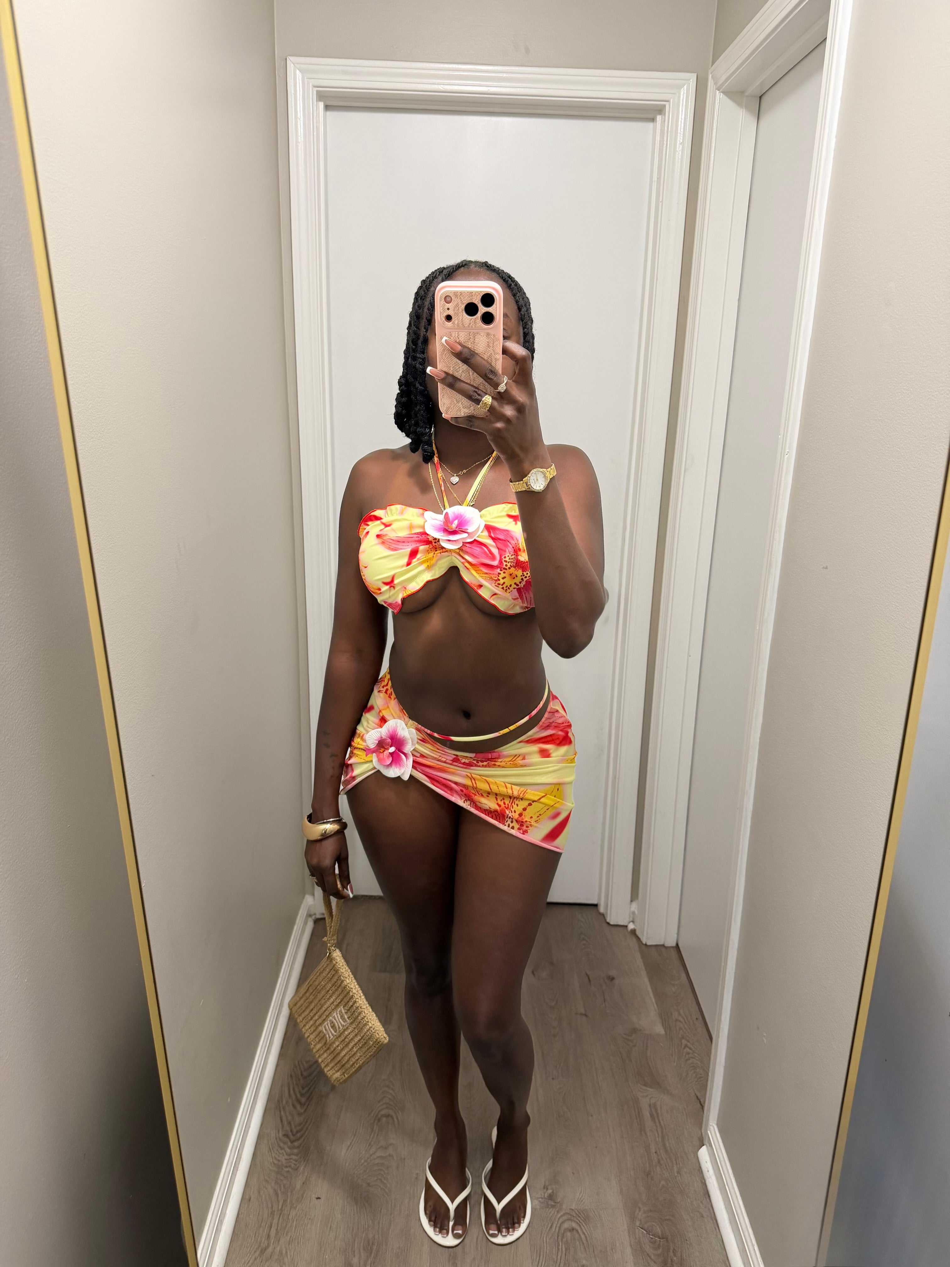 Sunset Bloom 3pc Bikini Set - Pink/Yellow combo