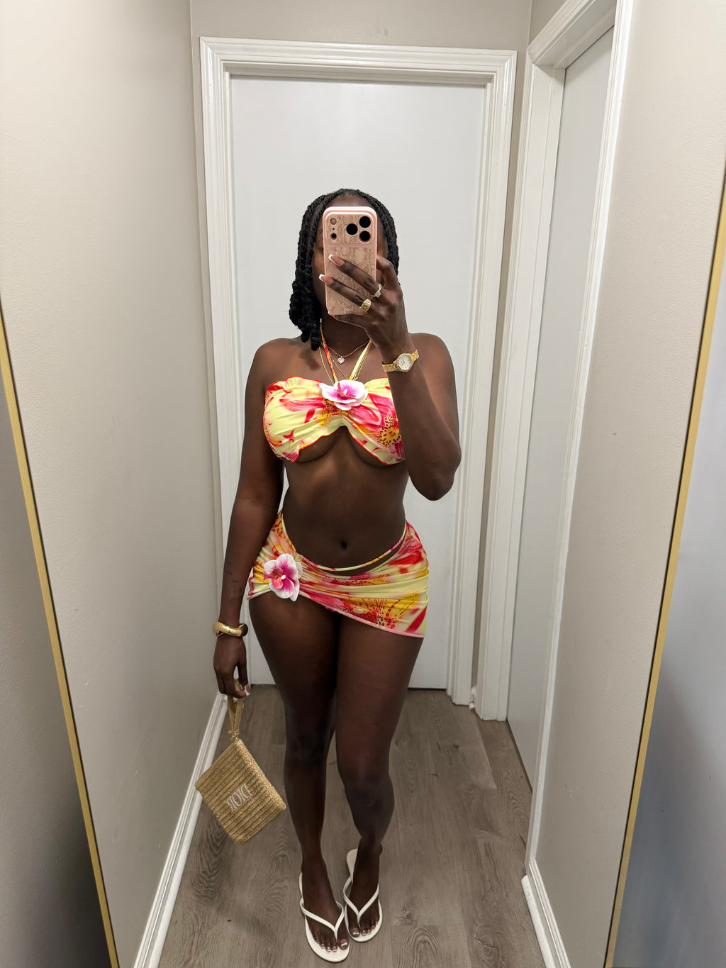 Sunset Bloom 3pc Bikini Set - Pink/Yellow combo